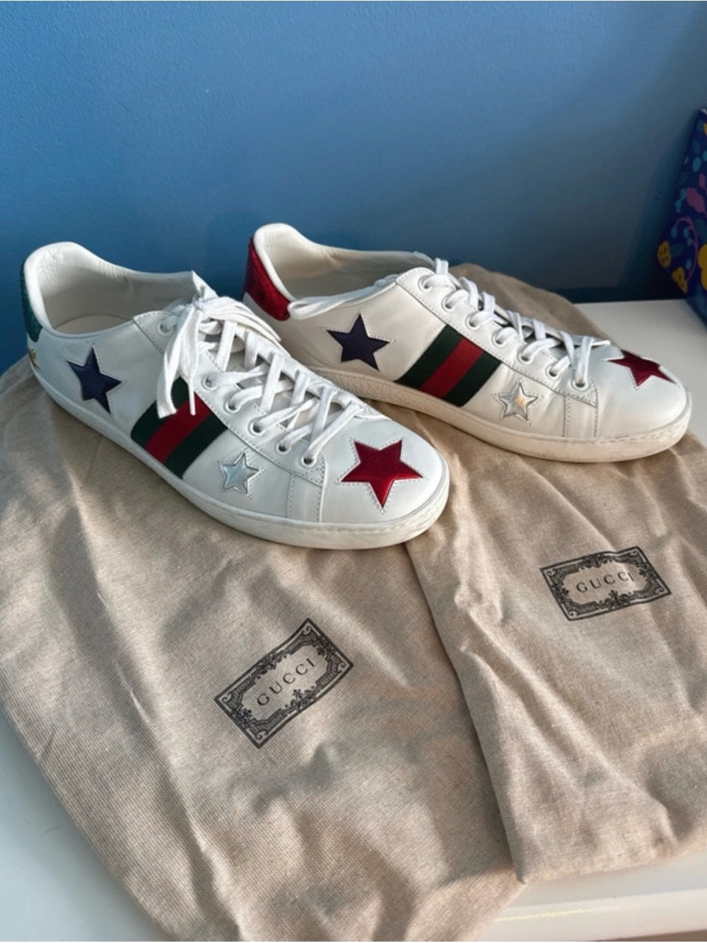 Gucci White Leather Sneakers with Red & Blue Star Accents